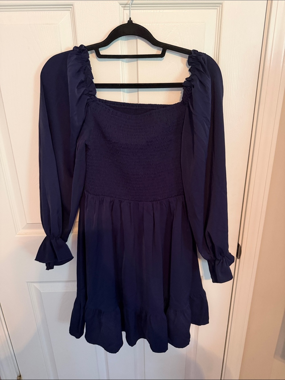 Amazon Navy Long Sleeve Smocked Bodice Dress
